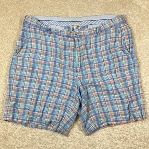 Peter Millar Men's 38 Linen Plaid Shorts Blue Orange Lightweight Golf Casual